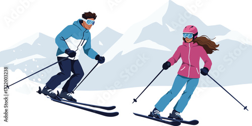 Couple skiing downhill on snowy mountain, man and woman wearing ski gear, active winter sport, outdoor adventure, holiday vacation, skiing activity