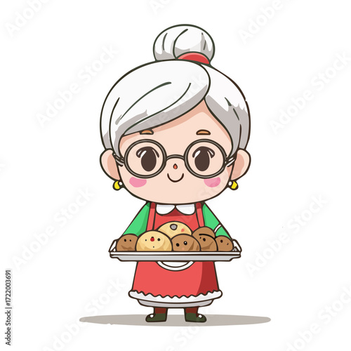 Cute Christmas Grandma Vector — Adorable Holiday Grandmothers with Cookies and Festive Outfits