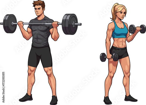 Fitness man lifting heavy barbell, muscular woman training with dumbbells, strength workout, bodybuilding exercise, gym couple, athletic lifestyle illustration