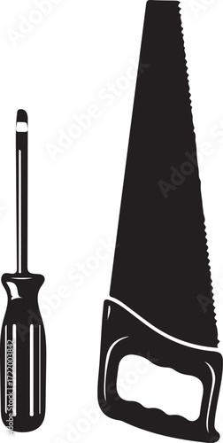 A Black and White Graphic Featuring a Screwdriver and a Hand Saw Used for Construction Projects and Woodworking Tasks