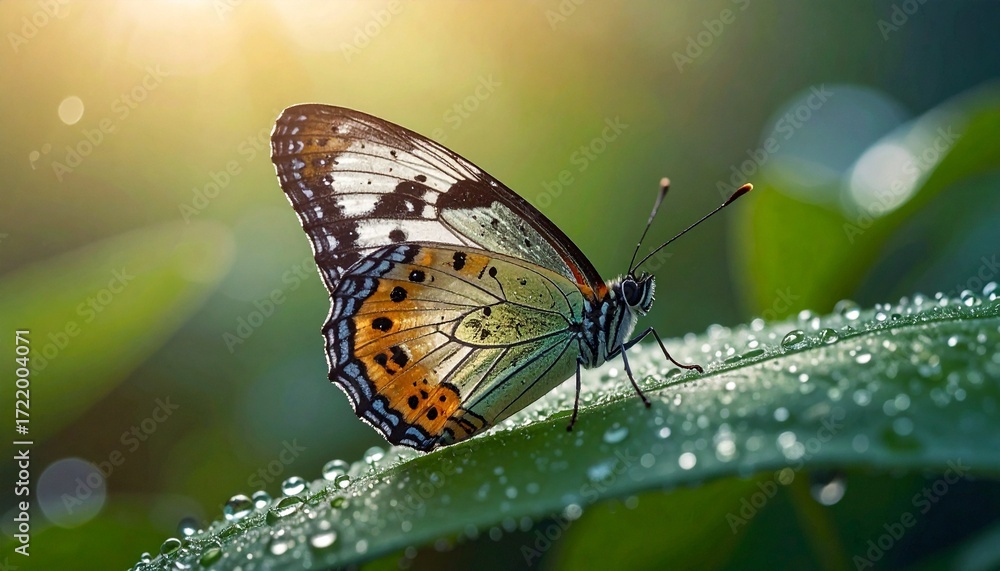 Obraz premium Butterfly on dewy leaf
