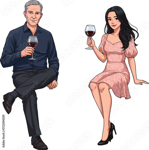 Elegant mature man with wine glass, beautiful young woman in pink dress holding wine, couple sitting together, romantic evening celebration