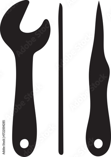 Silhouette of Wrench Screwdriver and Knife representing tools for fixing and building with precision and craftsmanship isolated on a white background
