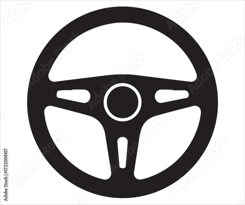 Steering wheel silhouette illustration, black vector icon representing car control, driving, automobile, transport, navigation, automotive equipment, and road safety concept isolated on white backgrou