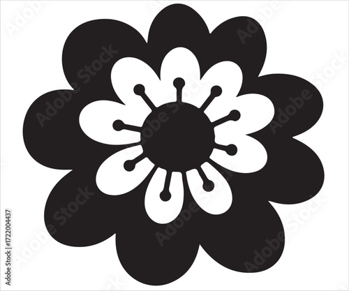 Decorative flower silhouette illustration, black vector icon with petals and center design symbolizing spring, bloom, nature, floral art, garden, and botanical concept isolated on white background