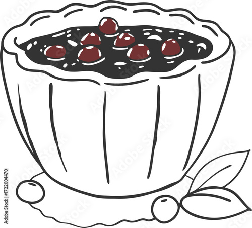 Dessert bowl with berries top view line art food graphics isolated on transparent background