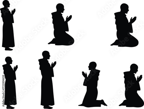 A collection of silhouettes of a monk in religious robes, praying and meditating in various spiritual poses, a religious and devoted concept.