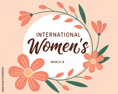 International Women s Day illustration with flowers leaves and a white circle on peach background