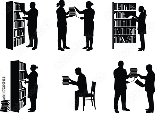 Black and white silhouettes of people in a library, interacting with books on shelves, depicting study, knowledge, and education.