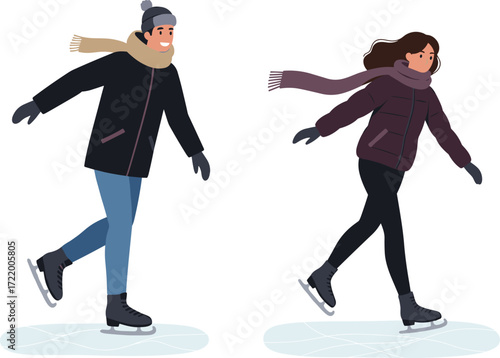 Happy couple ice skating in winter season, outdoor activity, cold weather fun, holiday recreation, family lifestyle, frozen lake enjoyment, seasonal sport