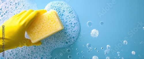 Wallpaper Mural The yellow sponge and gloved hand cleaning a soapy blue surface with bubbles Torontodigital.ca
