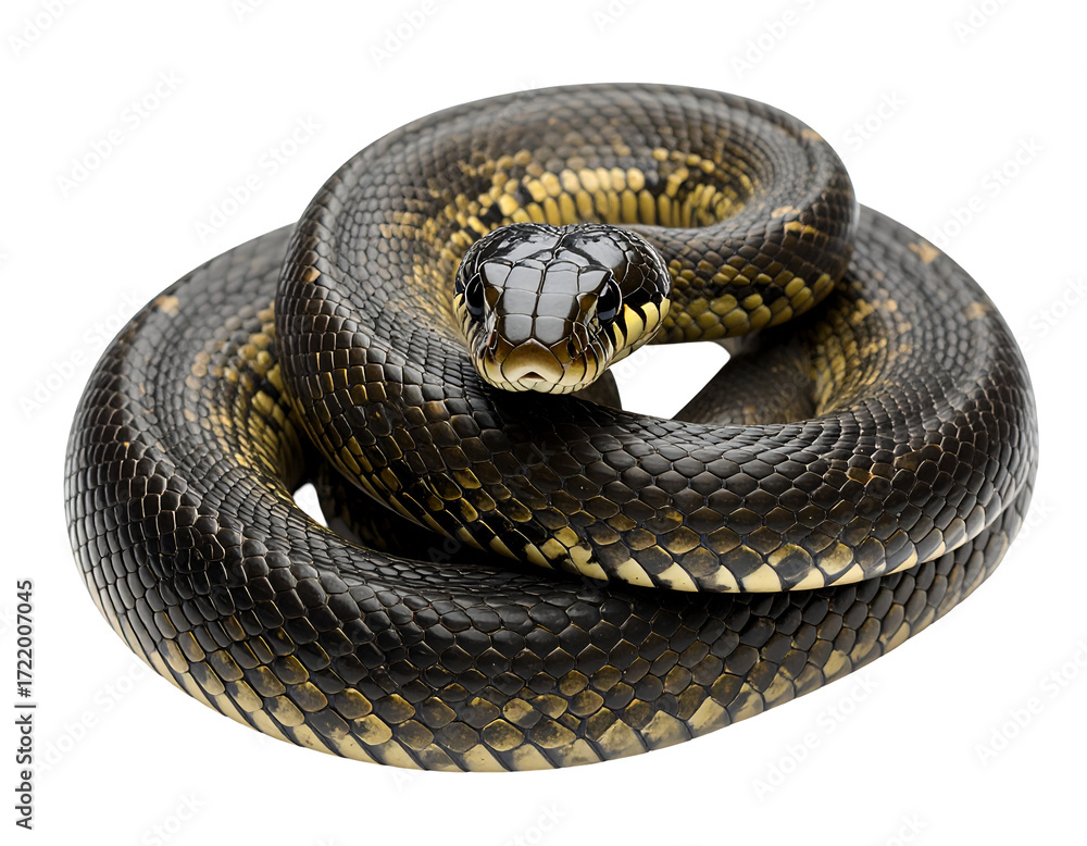 Obraz premium A close-up view of a coiled snake showcasing its intricate scales and striking coloration in vivid detail.