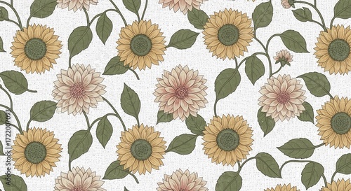 Sunflower Vine: An elegant pattern, showcasing stylized sunflowers and dahlias interconnected by verdant vines and leaves.