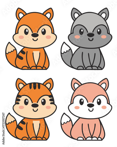 Adorable Animal Character Set featuring Squirrels Foxes and Raccoons in a Simple and Cute Cartoon Style