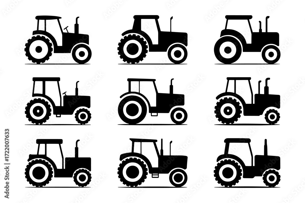 Fototapeta premium collection of various tractors agriculture farm machinery vehicle silhouette