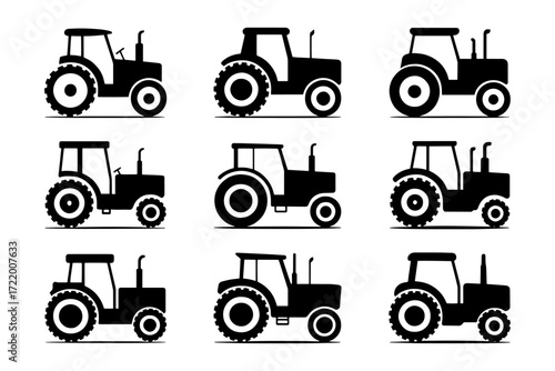 collection of various tractors agriculture farm machinery vehicle silhouette