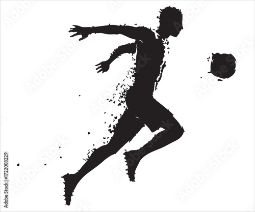 Soccer player silhouette kicking ball illustration, black vector icon symbolizing sport, football match, athlete action, energy, competition, and dynamic movement concept isolated on white background
