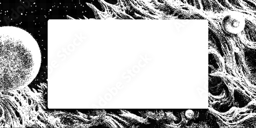Surreal horror halftone poster with abstract cosmic waves, floating eyes and grainy black and white psychedelic space. White empty space frame