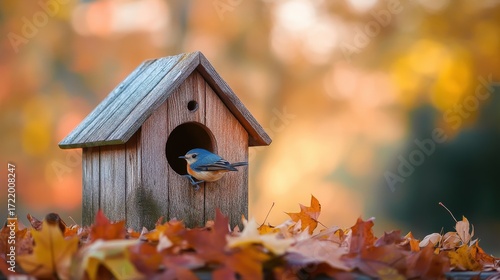 Wooden birdhouse with a small bird inside, surrounded by autumn leaves.