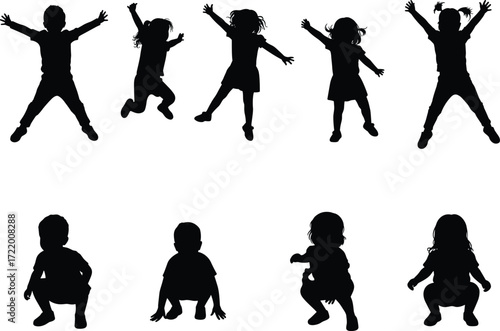 Children silhouette vector, kids jumping, sitting, squatting, playful poses, black outline, isolated figures, child movement, editable illustration, stock art