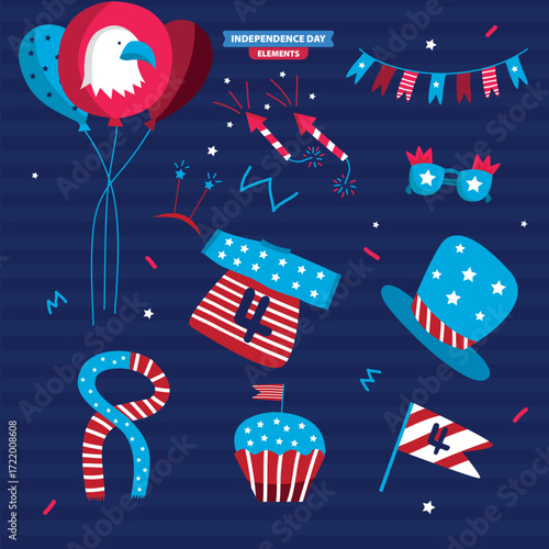 Collection of american independence day celebration elements on blue background
