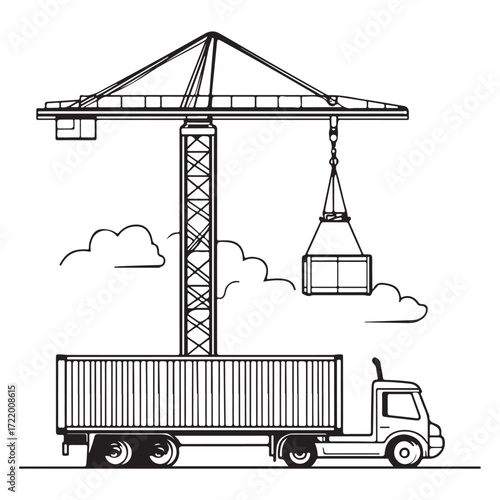 Crane Lifting Shipping Container on Truck silhouette, Car Transporter Silhouette, Black white isolated vector, Crane Lifting Shipping Container on Truck vector illustration on white background See Les