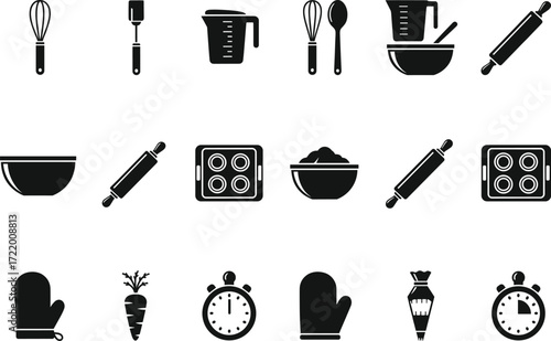 Cooking tools, baking utensils, kitchen equipment, black and white icons, vector silhouette set, culinary elements, food preparation, home baking, editable design