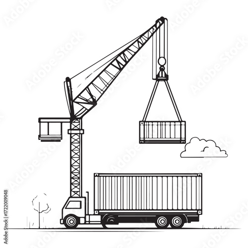 Crane Lifting Shipping Container on Truck silhouette, Car Transporter Silhouette, Black white isolated vector, Crane Lifting Shipping Container on Truck vector illustration on white background See Les