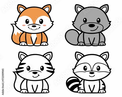 Four Cute Cartoon Animals A Fox Raccoon Tiger and Bear Line Art with Playful Details and Vibrant Colors