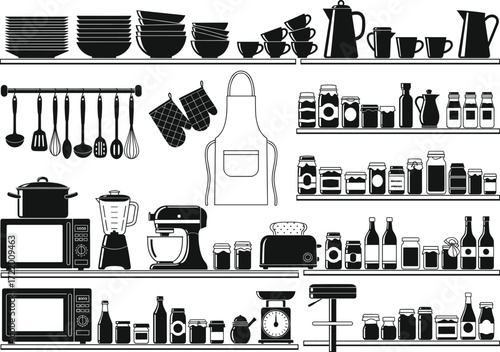 Kitchen shelf illustration, organized utensils, cooking appliances, food containers, home interior, vector art, modern kitchen tools, storage design, culinary workspace, editable layout
