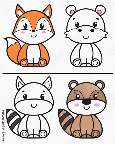 Adorable Cartoon Animals A Charming Collection of Fox, Bear, and Raccoon Characters Depicted in a Playful and Engaging Style