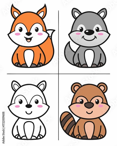Cute Cartoon Animals Quadruple Delight Fox Wolf and Friends Whimsical Illustration for Children's Designs and Educational Materials Happy Animal Friends