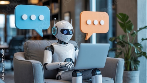 Futuristic robot using laptop for chat communication, envisioning innovative digital transformation and AI-powered solutions for modern business growth