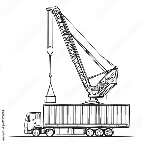 Crane Lifting Shipping Container on Truck silhouette, Car Transporter Silhouette, Black white isolated vector, Crane Lifting Shipping Container on Truck vector illustration on white background See Les