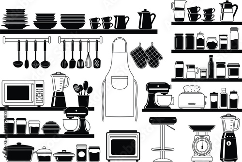 Modern kitchen interior, black and white vector, cooking tools, appliances, utensils, organized shelves, culinary workspace, home equipment, food preparation, kitchenware