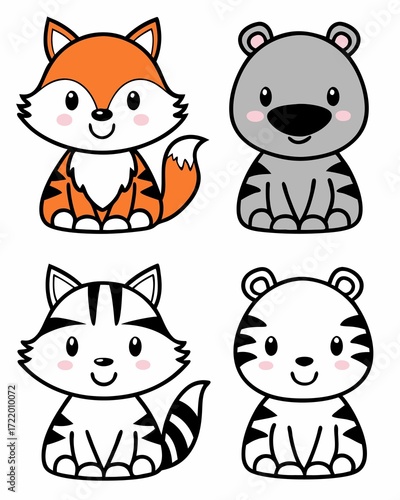 Charming Cartoon Animals A Whimsical Collection of Adorable Foxes, Raccoons and Bears in a Playful Style