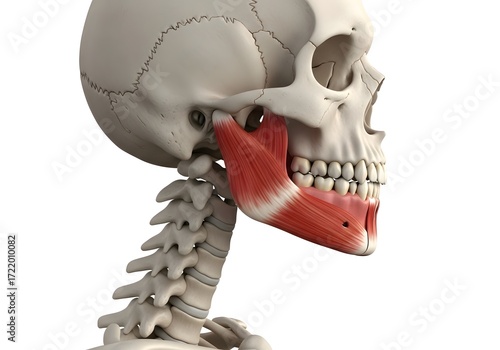 Anatomical representation of the human skull and neck with focus on the masseter muscle visible