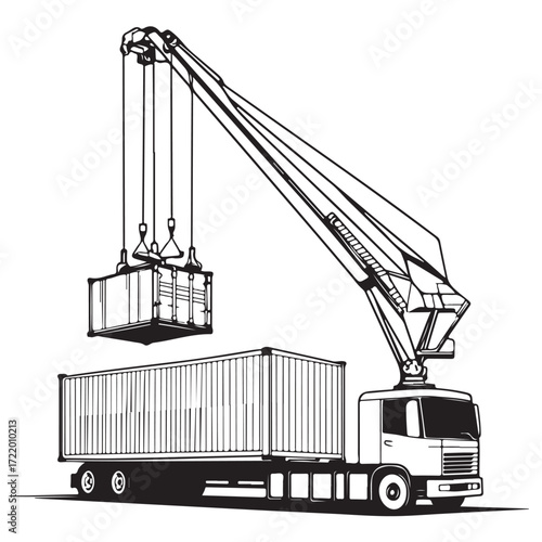 Crane Lifting Shipping Container on Truck silhouette, Car Transporter Silhouette, Black white isolated vector, Crane Lifting Shipping Container on Truck vector illustration on white background See Les