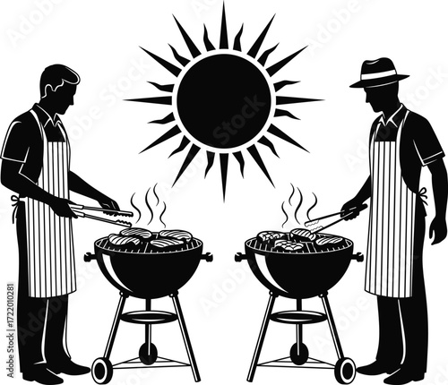 Summer barbecue scene, grilling food outdoors, two people cooking on charcoal grills, sunny day, backyard cookout, apron, steam, tongs, hat, illustration