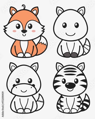 Four Adorable Cartoon Animal Illustrations Fox Bear Hippo and Tiger in a Cute Kawaii Style Design for Children