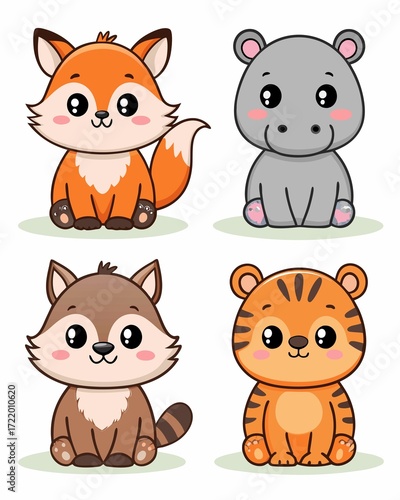 Cute Cartoon Animal Collection Featuring a Fox, Hippo, Raccoon, and Tiger in a Playful Composition on a White Background