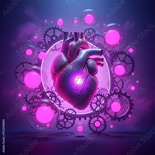 Mechanical heart with gears and glowing orbs in a surreal and futuristic arrangement