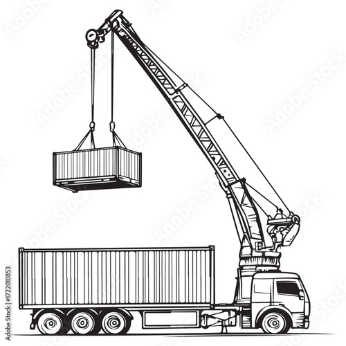 Crane Lifting Shipping Container on Truck silhouette, Car Transporter Silhouette, Black white isolated vector, Crane Lifting Shipping Container on Truck vector illustration on white background See Les