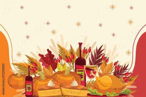 Thanksgiving dinner with turkey, pie, wine, and autumn leaves