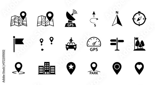 Collection of navigation and location icons, including maps, pins, compasses, and signage