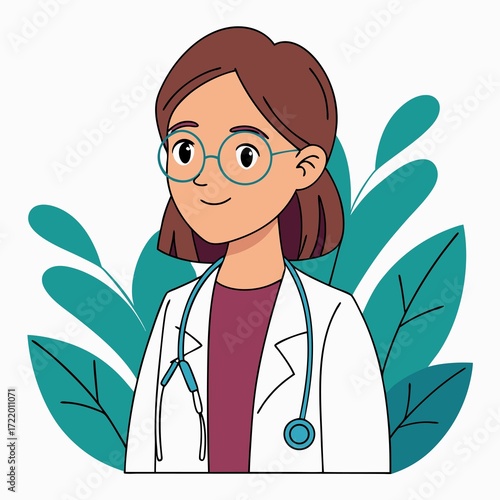 A Cheerful Doctor with Brown Hair and Teal Glasses Standing Before Lush Greenery Illustration