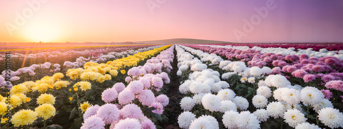 Vibrant rows of blooming chrysanthemums in pink, yellow, and white colors under soft sunset sky landscape