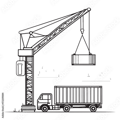 Crane Lifting Shipping Container on Truck silhouette, Car Transporter Silhouette, Black white isolated vector, Crane Lifting Shipping Container on Truck vector illustration on white background See Les