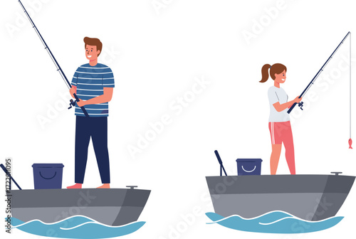 Man fishing on boat, woman fishing with rod, summer outdoor activity, water sport, nature recreation, fishing lifestyle, adventure, travel hobby