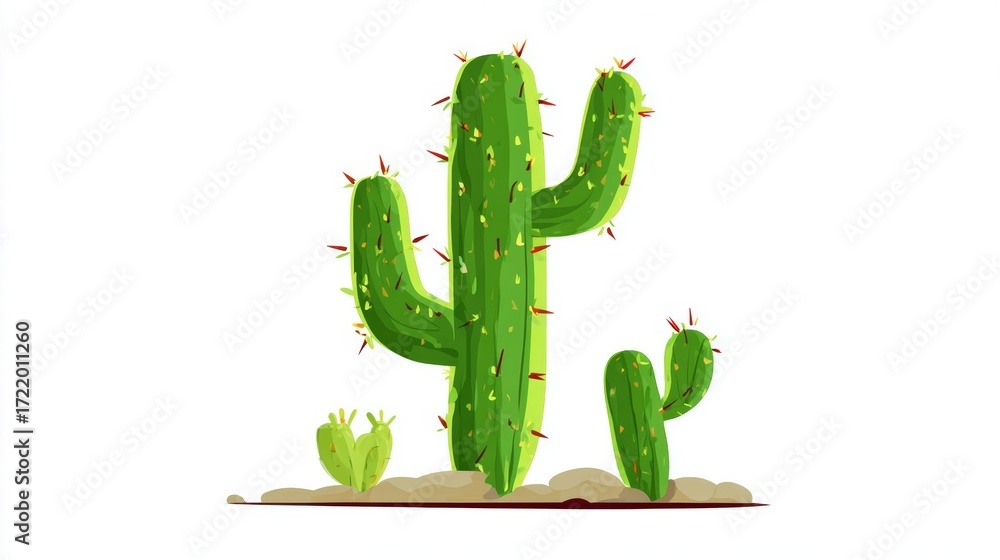 Naklejka premium A vibrant illustration of a tall saguaro cactus with a smaller cactus and a desert plant in sandy soil.